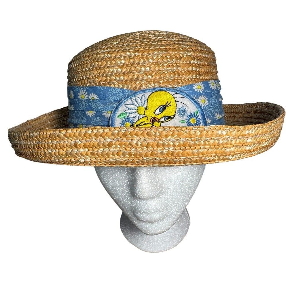 Vintage Looney Tunes Tweety Bird Straw Sun Hat Blue Daisy Band Boater Hat 1999